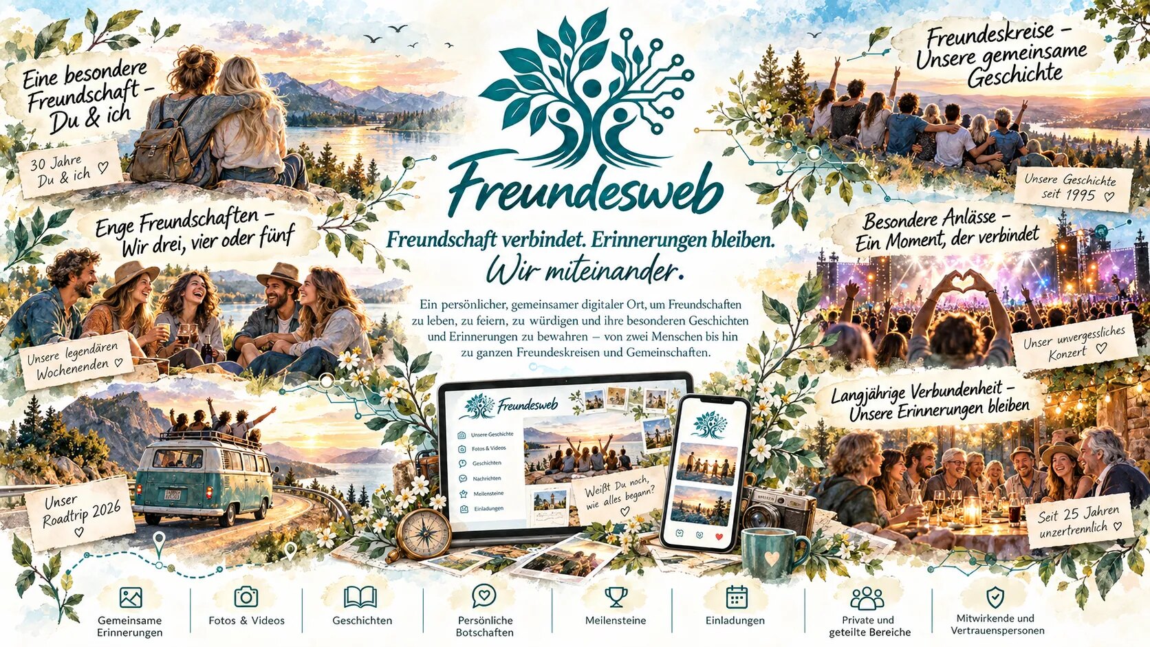 Freundesweb – Freundschaft verbindet. Erinnerungen bleiben. Wir miteinander. Aquarell rund um das Freundesweb-Signet: zwei Freundinnen am See („Eine besondere Freundschaft – Du & ich“), eine kleine Runde beim Picknick („Enge Freundschaften – Wir drei, vier oder fünf“), ein Roadtrip im Bus, ein Freundeskreis bei Sonnenuntergang, ein gemeinsames Konzert und eine lange Tafel unter Lichterketten („Seit 25 Jahren unzertrennlich“). In der Mitte Tablet und Smartphone mit Freundesweb.